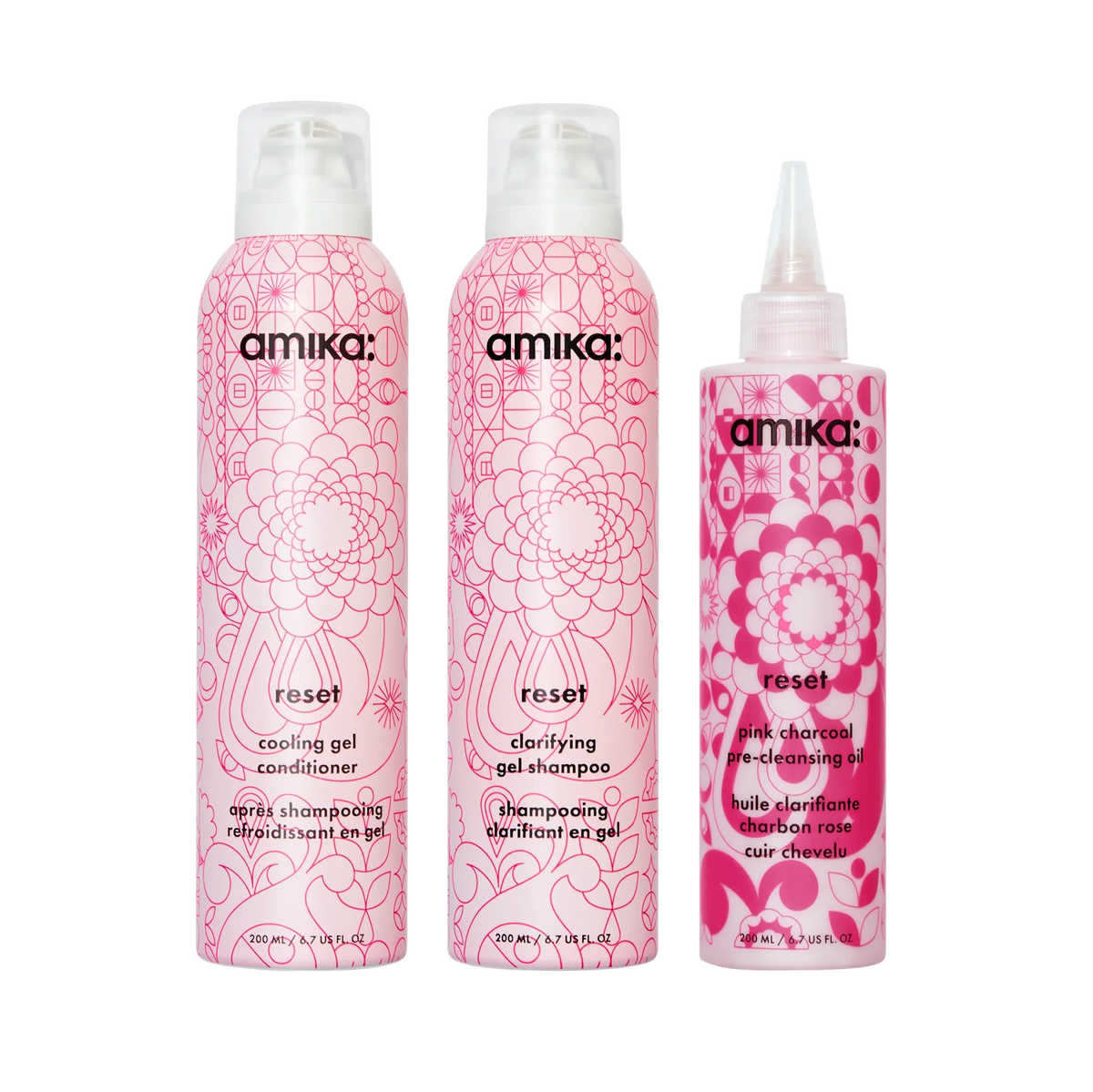 detox set reset clarifying gel shampoo, cooling gel conditioner + pink charcoal scalp cleansing oil
